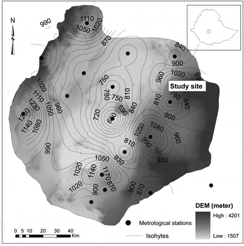 Fig. 1 Map of the study area with elevation and rainfall distribution.