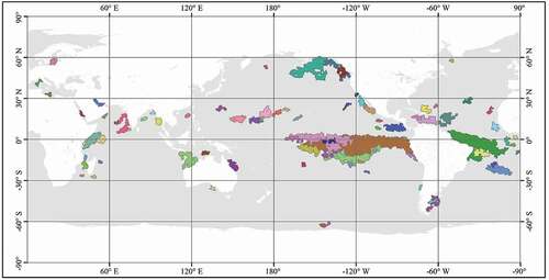 Figure 3. Spatial distribution of the 87 POSSTAs in the global ocean for the period January 1982 to December 2009. Different colors represent different POSSTAs.