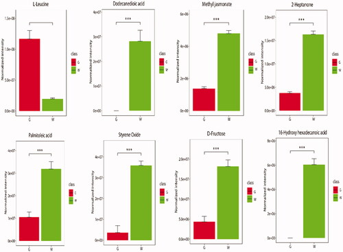 Figure 5. 8 differentially expressed metabolites (DEMs) with extremely significant differences in expression. The histogram area shows the expression level of DEMs in eggshells with different colours. G stands for the green shell, W stands for the white shell.