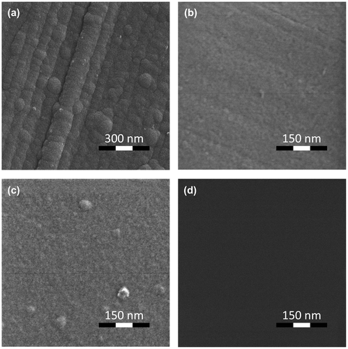 Figure 7. HIM image of TiO2 film deposited on (a) Al/ITO and (c) deg-Si/ITO substrates and of an Al substrate (b) and a deg-Si substrate (d).