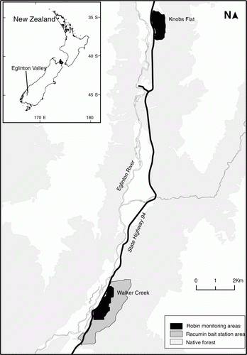 Figure 1  Robin monitoring areas in the Eglinton Valley, Fiordland.