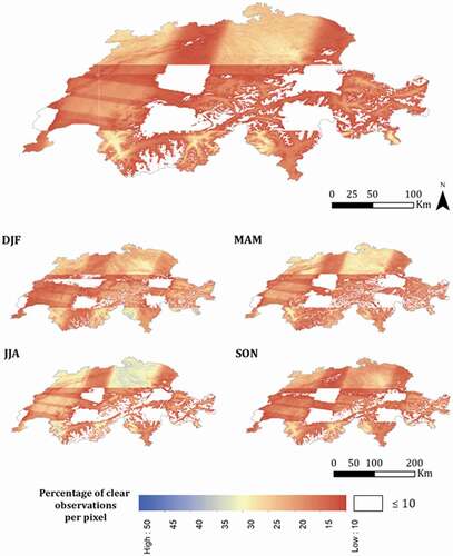 Figure 3. Percentage of clear observations per pixel across Switzerland for the 1984–2019 period for the annual (top) and seasonal mean (DJF, MAM, JJA, SON). White areas indicate pixels with less than 10% of clear observations over the study period