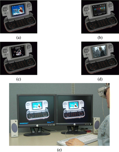 Figure 10. VP model for the game phone at four different states: (a) on; (b) calling; (c) multimedia menu; (d) movie; and (e) VR-based product design evaluation.