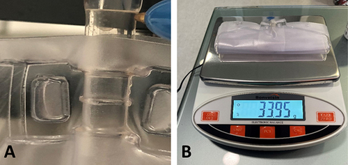 Figure 2 Picture where the drainage bag has been cut after each case (A) and the act of weighing the drainage bag on the high precision digital scale (B).