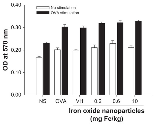 Figure 5 Effect of iron oxide nanoparticles on the viability of splenocytes. Splenocytes isolated from each group of mice were cultured in the presence of ovalbumin (50 μg/mL) for 72 hours. The viability of splenocytes was determined by 3-(4,5-dimethylthiazol-2-yl)-2,5-diphenyl-tetrazolium bromide assay.Notes: Data are expressed as the mean ± standard error of quadruplicate cultures. Results are representative of three independent experiments.Abbreviations: Fe, iron; NS, nonsensitized group; OD, optical density; OVA (key), ovalbumin; OVA (X-axis), untreated ovalbumin-sensitized and challenged group; VH, vehicle-treated plus ovalbumin-sensitized and challenged group.