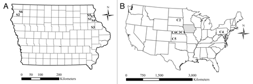 Figure 1. Distribution of (A) fields sampled in Iowa for use in bioassays and (B) control sites within the United States. For (B), Iowa is highlighted in gray.