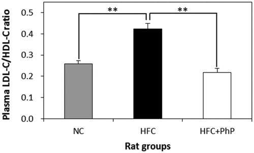 Figure 3. Effect of Phellinus pini on plasma low density lipoprotein cholesterol (LDL-C)/high density lipoprotein cholesterol (HDL-C) ratio in rats. Results are means ± SD (n = 8). Different symbol indicates significant differences among groups at **p ≤ .01 as determined by Duncan's multiple range tests. NC: normal control diet; HFC: high fat and cholesterol diet; HFC + PhP: high fat and cholesterol diet supplemented with 5% Phellinus pini fruiting body powder.