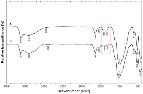 Figure 9 Fourier transform infrared spectra of A) silver/montmorillonite/chitosan bionanocomposites for (A5) and B) montmorillonite/chitosan.