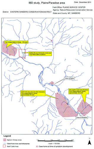 Figure 1. Map of the 1995–2008 Plains, Montana IBD outbreak. Note that all of the case homes are adjacent to the Clark Fork River or along one of its tributaries.