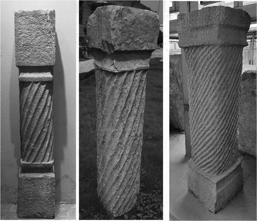 Figure 19. Left: Han dynasty spiral-line stone column from a private collector shown in Jining, Shandong. Middle: a stone column with spiral grooves on the body and a capital supporting it. Collected in Tengzhou Museum’s storage room. Exact age and excavation information unknown. Right: a stone column with finer-grained spiral grooves. Collected in the storage yard of Shanting Cultural Center. The exact date and location of the excavation are uncertain. Photographs by the authors of this article.