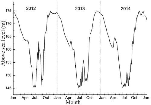 Figure 2. Water-level changes in the WLFZ of the TGR in Zhong County from January 2012 through January 2015. Source: Wang et al. (Citation2016).