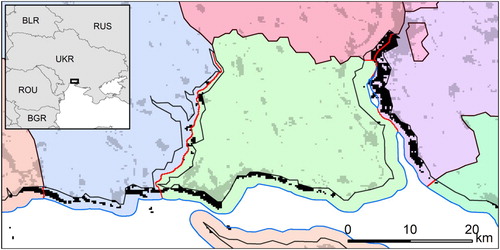 Figure 8. Example of automated approach to mitigate inconsistencies along the coastline of Ukraine. This example shows the generation of a 2-km buffer that was split using the ‘split and merge’ approach. Solid black lines enclose original census units; solid blue line represents the extended boundary into the sea through 2-km buffer; solid red lines represent the splitting of buffer into parts assigned to the nearest neighbouring unit; black pixels represent mapped built-up areas (shaded: already within census boundaries; solid: outside original census areas).
