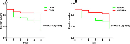 Figure 4 Kaplan–Meier analysis of 5-day mortality in patients in China-Japan Friendship Hospital. (A) Kaplan-Meier analysis of 5-day mortality in patients with carbapenem-resistant P. aeruginosa (CRPA) bacteremia (N=40) and in patients with carbapenem- susceptible P. aeruginosa (CSPA) bacteremia (N=29). (B) Kaplan–Meier analysis of 5-day mortality in patients with multidrug-resistant P. aeruginosa (MDRPA) bacteremia (N=41) and without (N=28). The survival curve showed that CRPA and MDRPA phenotypes were significantly associated with 5-day mortality (P<0.05).