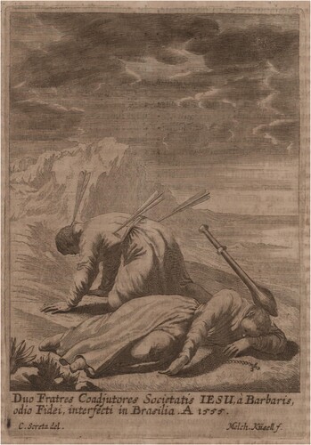 Figure 2 ‘Duo fratres coadjutores.’ Two anonymous Jesuit co-adjutores, one shown struck by arrows, the other beaten by a club. In Tanner Citation1675, 441. Courtesy of the John Carter Brown Library at Brown University.