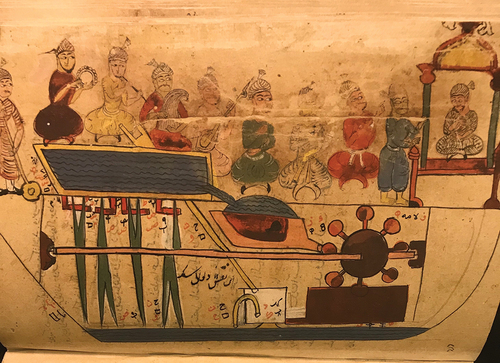 Figure 5. Main drawing of the boat (kushtī), Wonders of Mechanics of Shadiyabadi, Mandu, 1509, 23.2 × 15.7 cm, British Library Or 13718, f. 104b. © British Library Board.