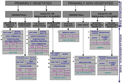 Figure 3. The fully nested 3-level 8-class FAO Land Cover Classification System (LCCS) Dichotomous Phase (DP) taxonomy consists of a sorted set of 3 dichotomous layers: (i) vegetation versus non-vegetation, (ii) terrestrial versus aquatic, and (iii) managed versus natural or semi-natural. They deliver as output the following 8-class LCCS-DP taxonomy. (A11) Cultivated and Managed Terrestrial (non-aquatic) Vegetated Areas. (A12) Natural and Semi-Natural Terrestrial Vegetation. (A23) Cultivated Aquatic or Regularly Flooded Vegetated Areas. (A24) Natural and Semi-Natural Aquatic or Regularly Flooded Vegetation. (B35) Artificial Surfaces and Associated Areas. (B36) Bare Areas. (B47) Artificial Waterbodies, Snow and Ice. (B48) Natural Waterbodies, Snow and Ice. The general-purpose user- and application-independent 3-level 8-class FAO LCCS-DP taxonomy is preliminary to a user- and application-specific FAO LCCS Modular Hierarchical Phase (MHP) taxonomy of one-class classifiers.