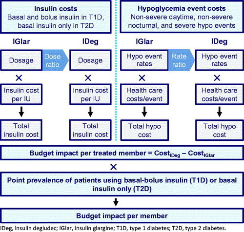 Figure 1. Budget impact model schematic. Abbreviations. IDeg, insulin degludec; IGlar, insulin glargine; T1D, type 1 diabetes; T2D, type 2 diabetes.