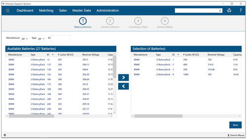 Figure 4. User interface of the selection of battery instances for decision-making (intelligence phase)