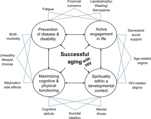 Figure 1 Barriers to and components of successful aging with HIV.