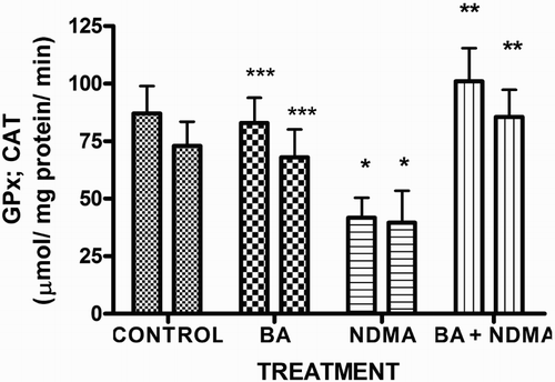 Figure 3. The activities of glutathione peroxidase and CAT in rats treated with NMDA and BA (alone and combination).