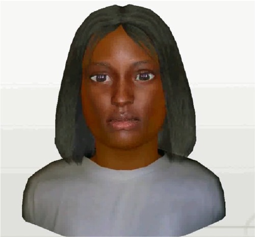 Figure 1 Still frame of virtual human cues representing female sex, dark-skinned race, younger age, and low-pain expression.
