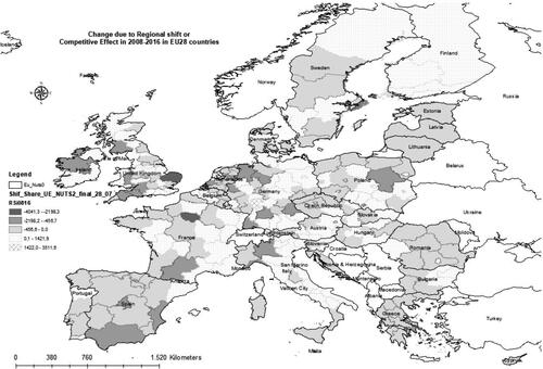 Figure 3. Employment change in N79 due to Regional shift or Competitive Effect in EU28 during 2008–2016 period at NUTS 2 level.Source: Map made by authors, ESRI SHAPE file.