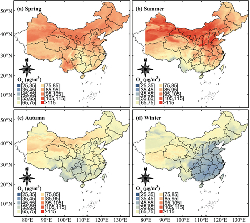 Figure 8. Spatial distribution of seasonal average estimated ozone concentration.