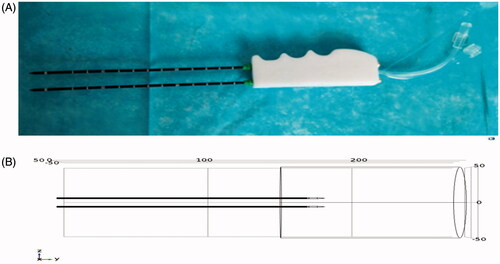 Figure 1. (A) Newly proposed double-needle MW ablation device. (B) 3D geometric model.