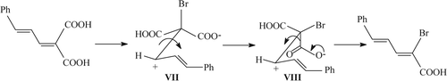 Figure 4.  Preferred decarboxylation of 2-cinnamylidenemalonic acid.