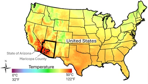 Figure 1. Arizona, a hotspot known for intense heat within the U.S, 2023, showing mean daily maximum air temperature of the warmest month, 1981–2010. Arizona, United States (Source: Climatologist at High Resolution for the Earth’s Land Surface Areas (CHELSA)).