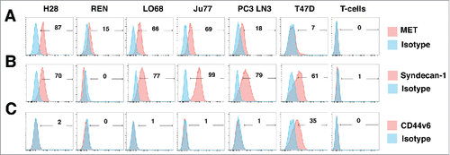 Figure 5. Characterization of human malignant pleural mesothelioma cell lines. The indicated human MPM cell lines were analyzed by flow cytometry for expression of MET (A), Syndecan-1 (B) or CD44v6 (C). PC3 LN3 cells were used as a positive control for MET and Syndecan-1 expression, while T47D cells were used as a positive control for CD44v6 expression. Untransduced T-cells were also analyzed for expression of these molecules. Data are representative of 3 independent experiments, all of which yielded similar findings.