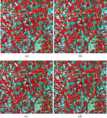 Figure 7. Swath-expanded LISS III (in green-red-NIR false color composition) using SVR and the proposed CCL. (a) LISS III overlapped at the center of full AWiFS scene (input image). (b) Swath-expanded LISS III using SVR Zhang and Huang (Citation2013) method. (c) Swath-expanded LISS III using CCL (proposed method). (d) Original LISS III.