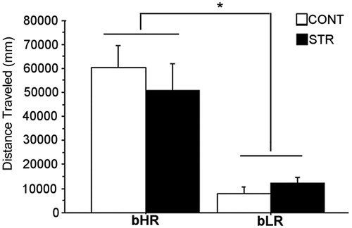 Figure 2. Total locomotion in a novel environment measured as distance traveled during the first hour of exposure to the activity boxes. Group means ± SEMs are plotted with the bar graph (*p ≤ 0.05).