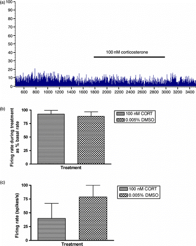 Figure 5.  (a) Representative frequency histogram of ventral BNST cellular activity during 20-min CORT application (100 nM). Firing rates of cells recorded during application of 100-nm CORT tended to remain stable throughout the 20-min treatment period. This was also the case for cells treated with 0.005% DMSO vehicle for 20 min. (b) The mean firing rate, expressed as the % of basal firing rate, of ventral BNST neurones during a 20-min application of CORT (n = 7) did not differ from neurones exposed to vehicle (0.005% DMSO in aCSF) alone (n = 5). (c) The effect of 20 min of pre-treatment with 100-nm CORT (n = 4) or vehicle (0.005% DMSO in aCSF, n = 4) on the firing rate of BNST neurones 1 h post-treatment onset. Although a trend towards a reduced firing rate in cells in the CORT pre-treatment condition was observed, the difference was not significant. In both the histograms, values represent mean ± SEM.