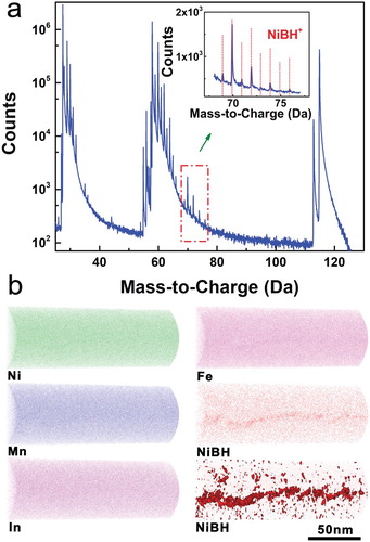 Figure 4. (a) Mass spectrum for the (Ni51Mn33In14Fe2)99.4B0.6 tip specimen taken from a region around the grain boundary (as illustrated in Figure S3d). The inset shows the assignment of the peaks enclosed in the rectangular frame in the main panel; the red vertical lines denote the peak positions of NiBH+. (b) 3D APT reconstructions of atomic distributions of Ni, Mn, In and Fe and distribution of NiBH+ around the grain boundary, together with the iso-concentration surface for NiBH+ at 0.8% (lower right panel).