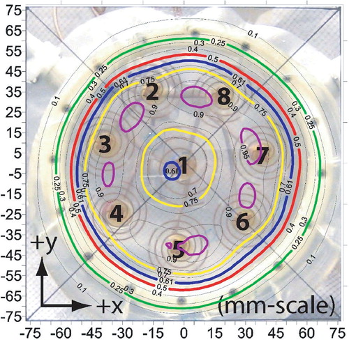 Figure 8. SAR pattern of the spiral array applicator z = 5 mm deep in muscle phantom, when adjusted according to the ‘Donut’ shape pre-plan of Table II. Five contour lines are shown in bold: 95% (purple), 75% (yellow), 61% (blue), 50% (red) and the outer 25% contour (green). 61% contour line shows the minimum central depression of the pattern.