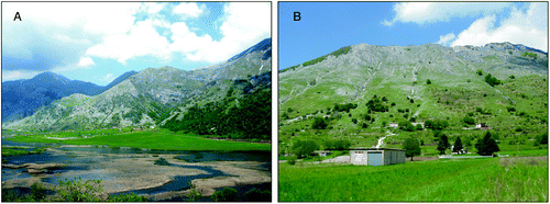 Figure 4. The major alluvial fan present within the Matese Lake polje (A); the southern slope of Serra delle Vallocchie Scure, intensively dissected by gullies (B).
