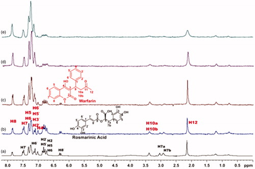 Figure 6. (a) 1H NMR reference spectrum of the complex rosmarinic acid (2 mM) – BSA (50 μΜ), including warfarin 2 mM, in PBS buffer 10 mM, pH = 7.4 with 600 μL D2O. STD difference NMR spectrum of the complex rosmarinic acid–BSA, including: (b) 2 mM warfarin. (c) 4 mM warfarin (d) 6 mM warfarin. (e) 8 mM warfarin (details for the protons of rosmarinic acid in Figure 3 and for warfarin in Supplementary Figure S13).