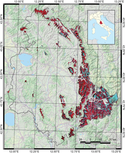 Figure 1. Location of Umbria in Italy (red polygon in the inset). The study area is shown in Landsat 8 composite infrared together with the boundaries of the Umbria region and the OCM Landscape layer in the background. White rectangles indicate the locations of the areas chosen to show the classification results in detail.
