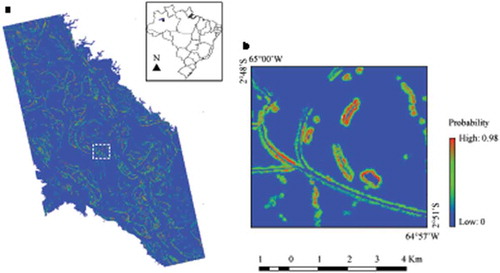 Figure 5. Predictive map of the M. niger nest occurrence in the MSDR. (a) Predicted logistic distribution for M. niger nests. (b) Detailed view of the water bodies where M. niger nests were built.