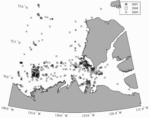 Fig. 1 Locations of the CCGS Amundsen during the 2007–08 IPY-CFL field campaign and during the ArcticNet2009 field campaign. There is one dot per day at the median ship position on that day.