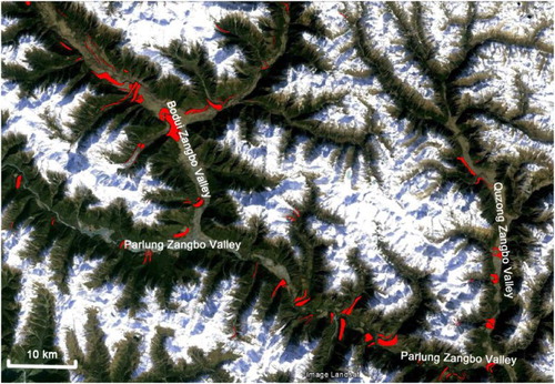 Figure 2. Google Earth imagery of the middle part of the Parlung Zangbo Valley and its tributaries (the Bodui Zangbo Valley and the Quzong Zangbo Valley). Moraines are marked as red polygons.