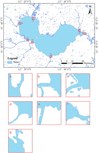 Figure 10. The separation results of Chaohu Lake: (a)-(g) the intersection of the river and the lake.