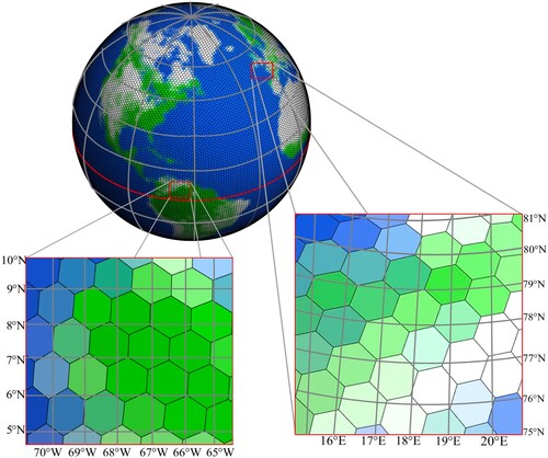 Figure 2. Intersections of hexagonal and quadrilateral pixels at different latitudes.