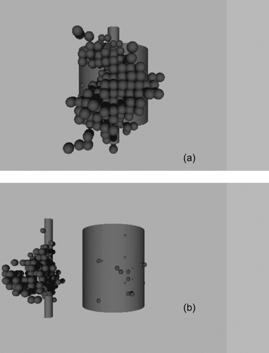 FIG. 7 Patterns 3D of deposited particles structures on the nano- and microfiber system; Re m = 10− 4, Kn = 1.0, Pe = 2.0, (a) Θ = 0°, (b) Θ = 45°