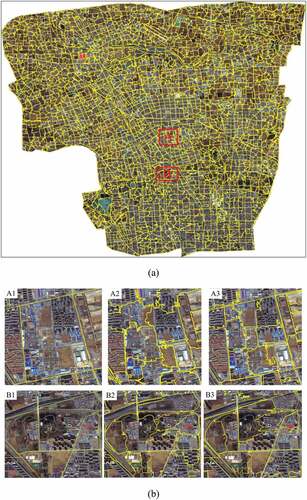 Figure 7. The UFZ segmentation results. (a) segmented UFZs and (b) two local regions circled by red box in (a) (A1 and B1 are the road blocks; A2 and B2 are the segmented UFZs without road vectors; A3 and B3 are the segmented UFZs by the improved method).
