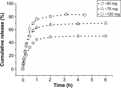 Figure 9 The release curves of diltiazem-fiber complexes in pH 1.2 solution with different doses (weighed equivalent to 30, 60 and 120 mg diltiazem hydrochloride).
