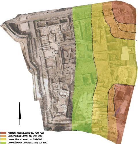 Fig. 12: Rock levels at the GivꜤati Parking Lot excavations and the western edge of the moat (courtesy of the GivꜤati Parking Lot Expedition and the City of David Archive)