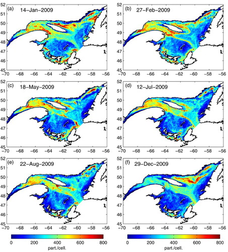 Fig. 14 Daily mean krill density at each grid cell (integrated number of particles from the surface to the bottom) at different times of 2009 for the DVM krill scenario (MIGR). The initial density on 1 December of the previous year was 400 individuals per horizontal cell.