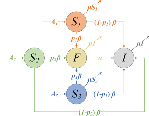 Figure 2. A schematic describing the information dissemination process considering the intensity of interest and the dynamics of the study population.